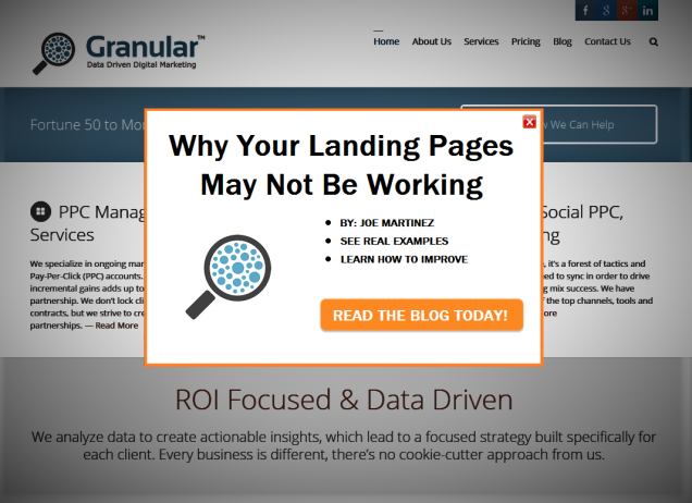 landing page pop up