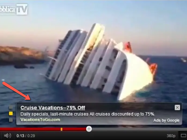 Ad for cruise vacations on video of sinking cruise ship