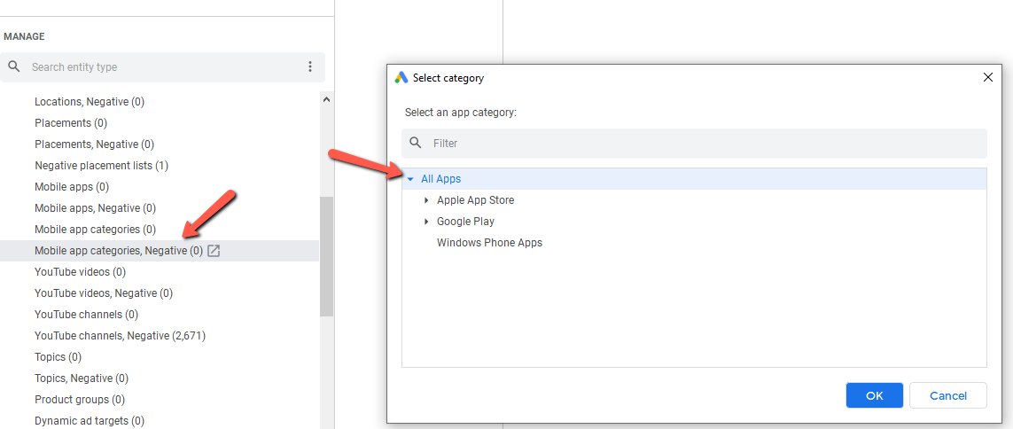 Visual instruction to exclude ad placement on mobile apps in AdWords