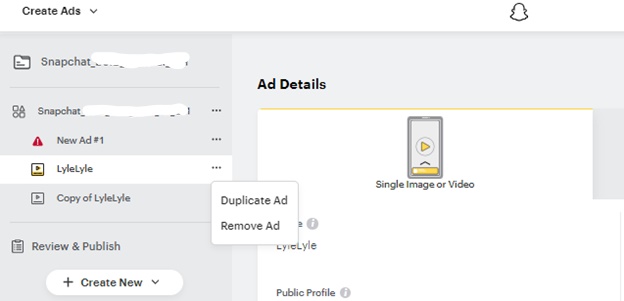 Zoomed in view of ad details screen in Snapchat showing how to duplicate an ad