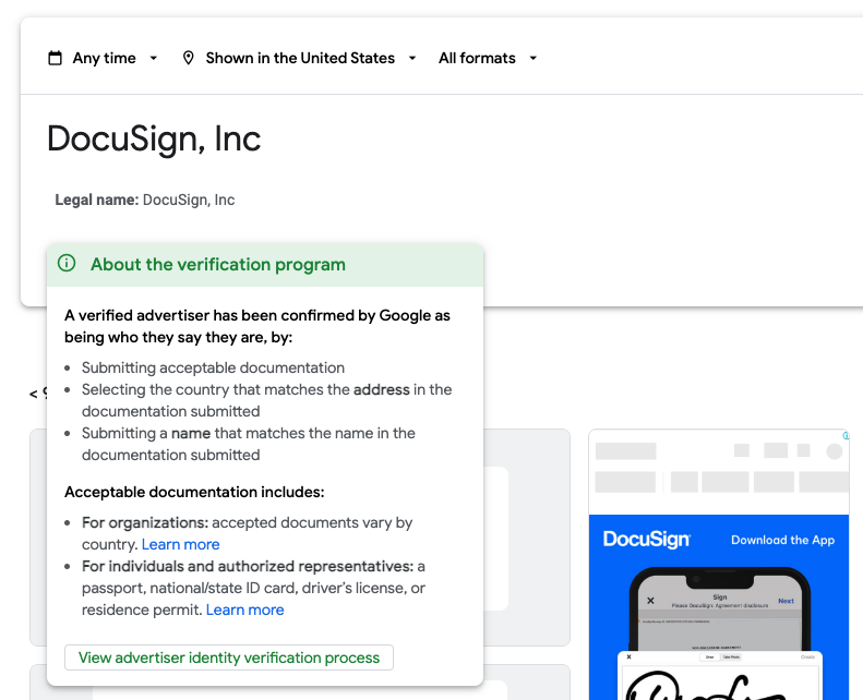 DocuSign Google Advertiser page with verification program info