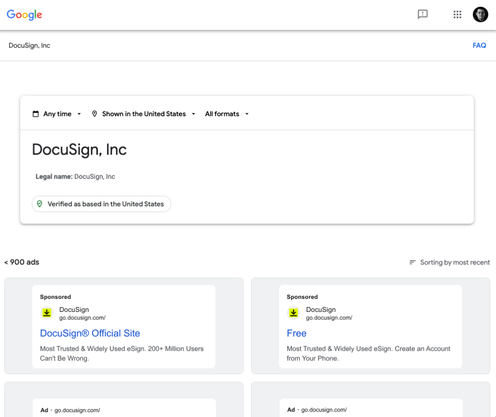 Display of DocuSign, Inc.'s Google ad page