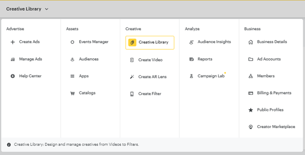 Creative library interface in Snapchat's business manager section