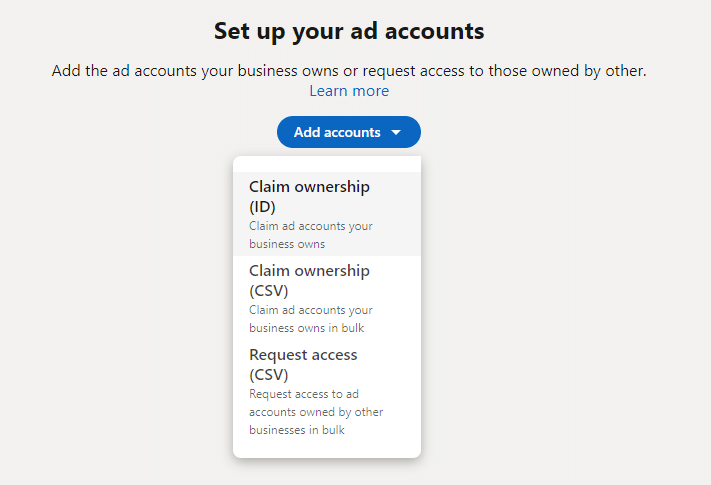 Screenshot for setting up ad accounts in LinkedIn's Business Manager