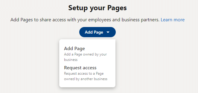 Screenshot for setting up pages in LinkedIn's Business Manager