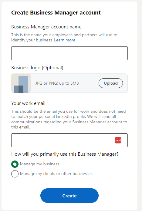Screenshot of LinkedIn Business Manager account creation process