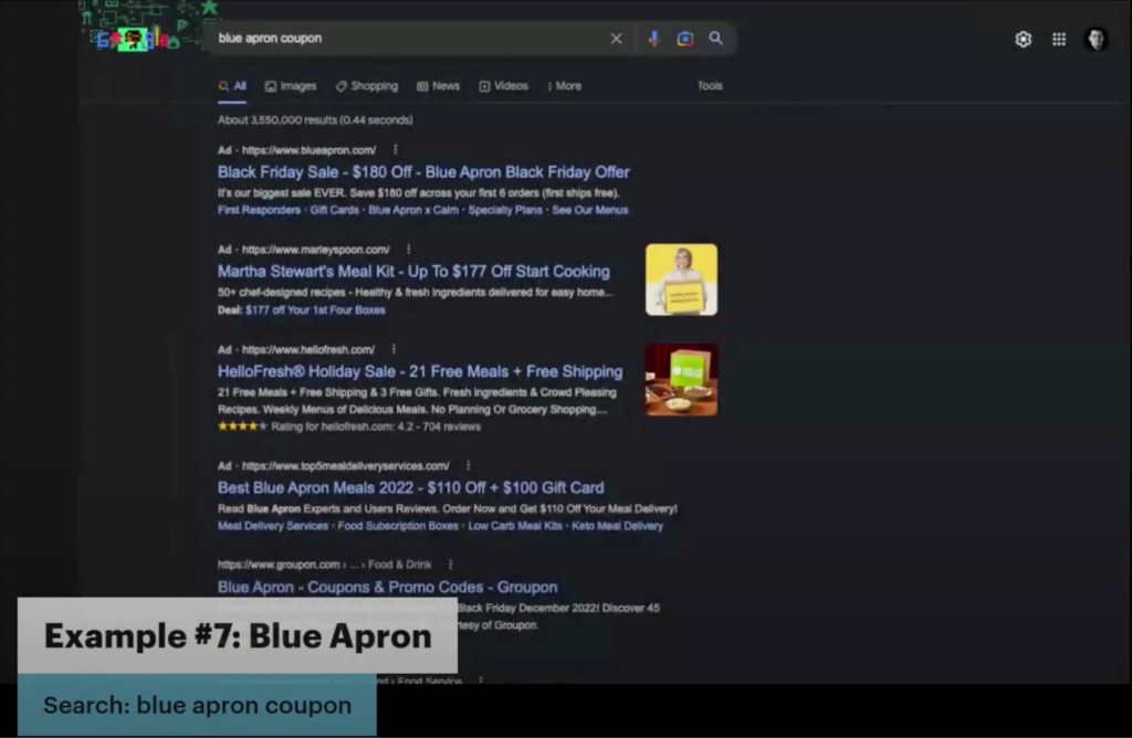 Screenshot of Google ads on search engine results page for "blue apron coupon"