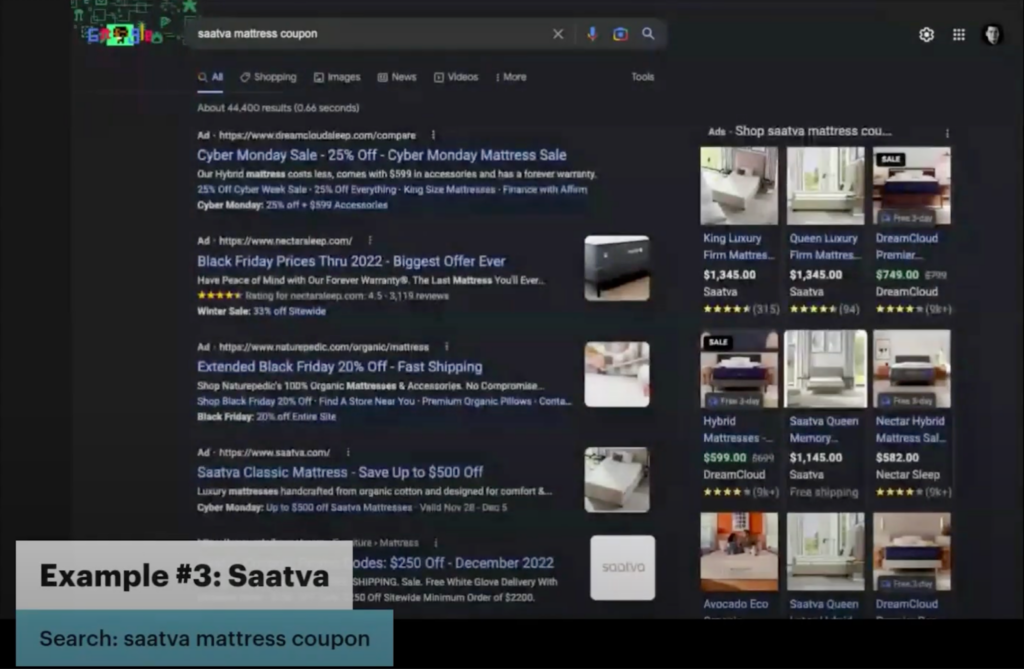 Screenshot of Google shopping ads in search engine results page for "saatva mattress coupon" 