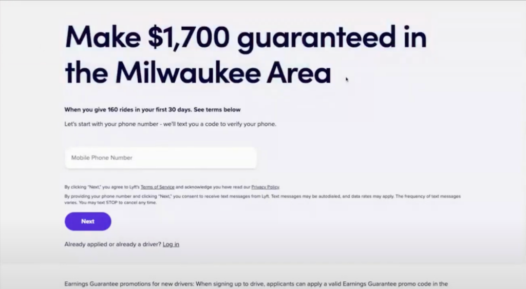 Screenshot of a signup page for Lyft, offering $1700 guarantee