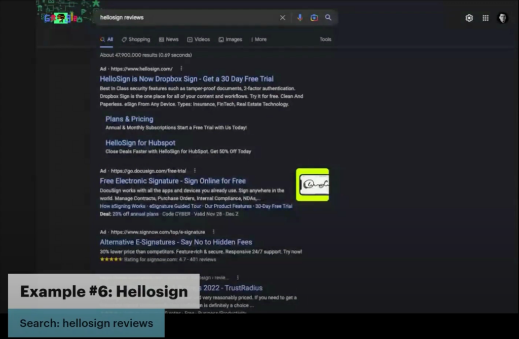 Screenshot of Google ads on search engine results page for "hellosign reviews"