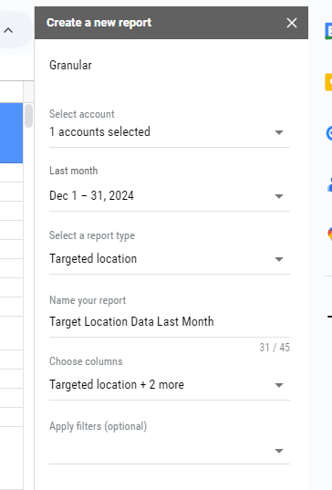 Google Ads report creation interface showing filters applied for targeted location data in Google Sheets, with account selection and report type options.