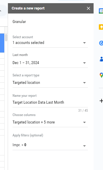 Google Ads report creation interface showing date range selection and column customization for granular data reporting in Google Sheets.