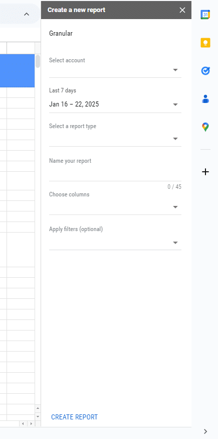 Google Ads report configuration in Google Sheets with fields for selecting account, date range, report type, and column options.