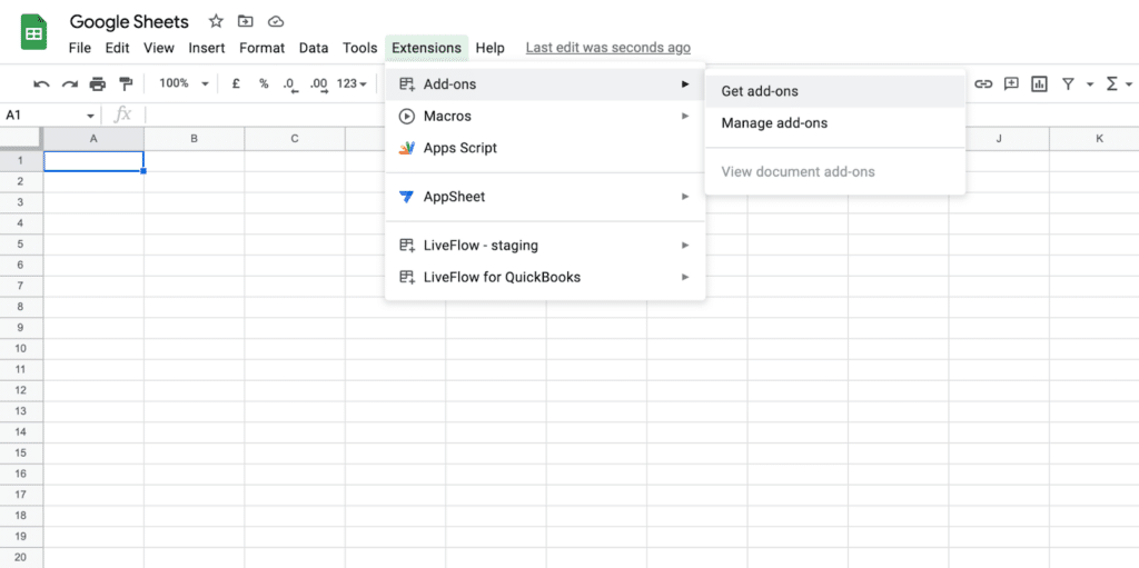 Google Sheets navigation menu showing the path to access and manage extensions and add-ons, including options like LiveFlow and AppSheet.