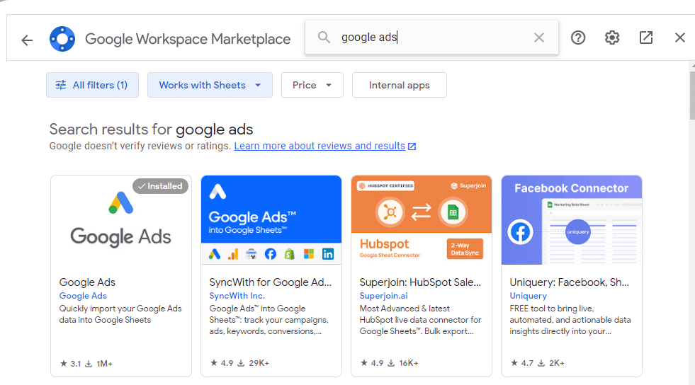 Google Workspace Marketplace displaying the Google Ads add-on for importing data into Google Sheets, alongside similar tools such as SyncWith and Hubspot.