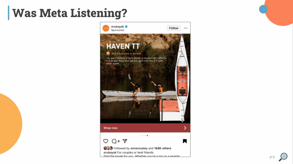 OruKayak ad being used as an example for Meta ad targeting.